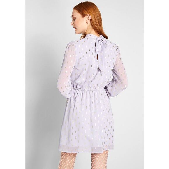 Modcloth Chiffon Of You Dress Lavender Gold Mock Neck Keyhole Long Sleeve Sz S - Picture 2 of 9